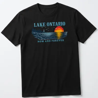 Retro sunset design with Lake Ontario text in bold colors and waves