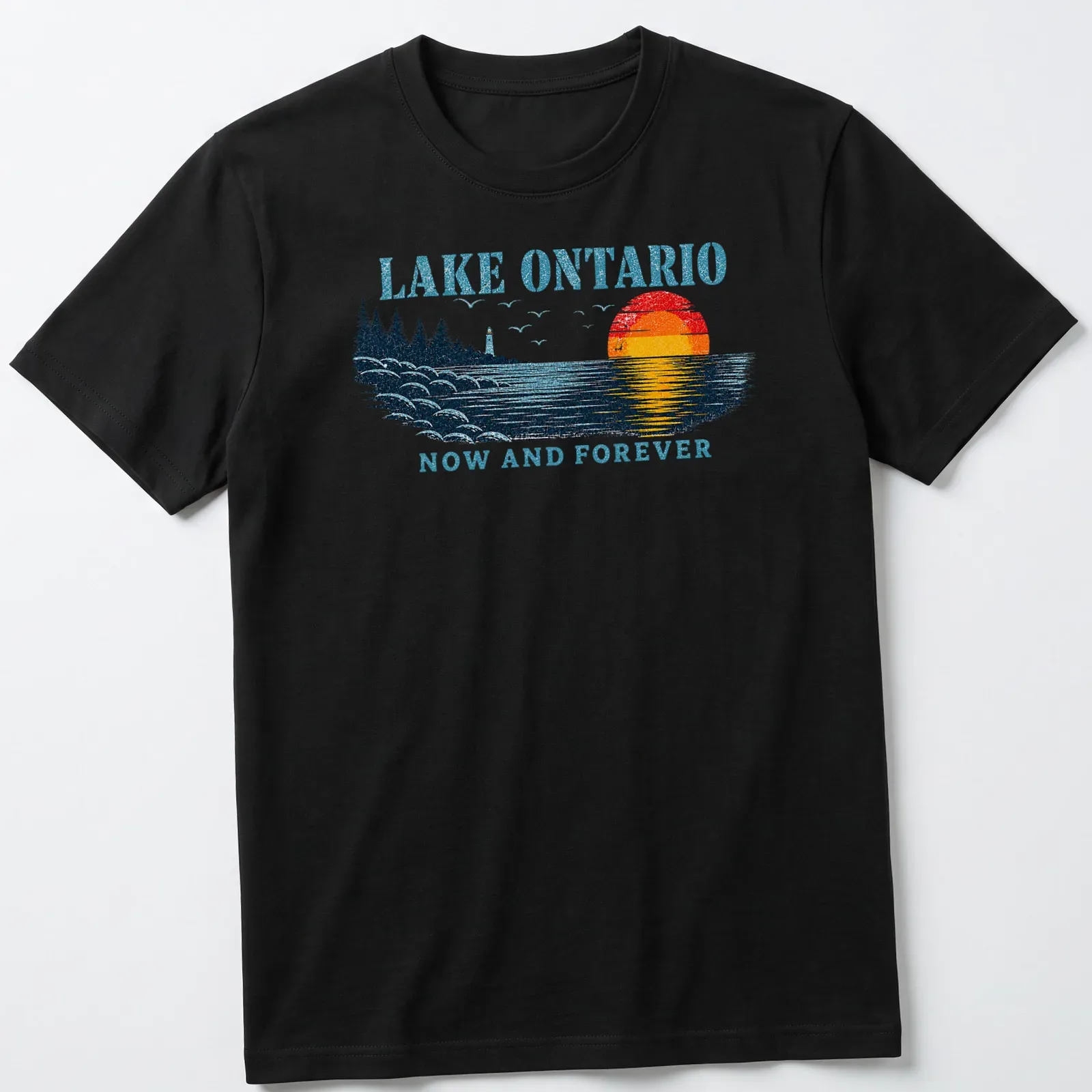 Retro sunset design with Lake Ontario text in bold colors and waves — printed on a unisex t-shirt