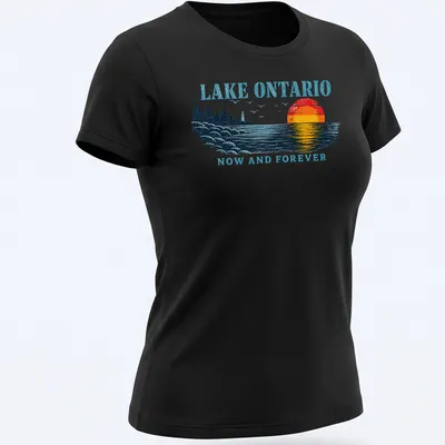 Retro sunset design with Lake Ontario text in bold colors and waves — printed on a women's shirt