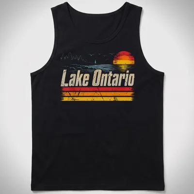 Retro distressed Lake Ontario T-shirt featuring sunset colors in orange, yellow, light blue, and white — printed on a tank top