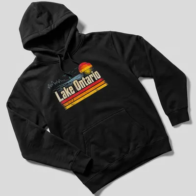 Retro distressed Lake Ontario T-shirt featuring sunset colors in orange, yellow, light blue, and white — printed on a unisex hoodie