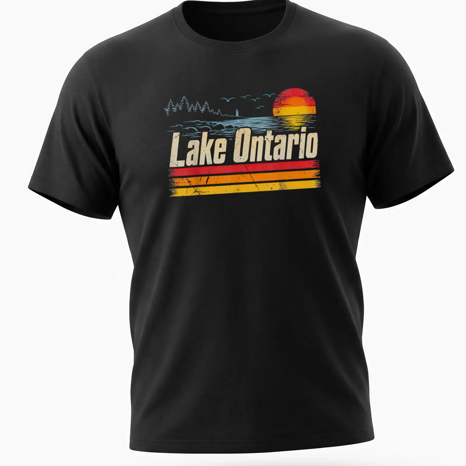 Retro distressed Lake Ontario T-shirt featuring sunset colors in orange, yellow, light blue, and white — printed on a unisex t-shirt