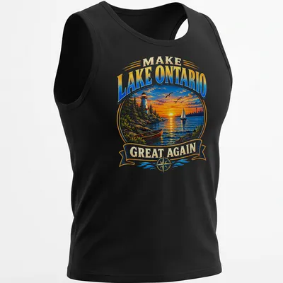 Vibrant landscape of Lake Ontario at sunset with a lighthouse and sailboat. — printed on a tank top