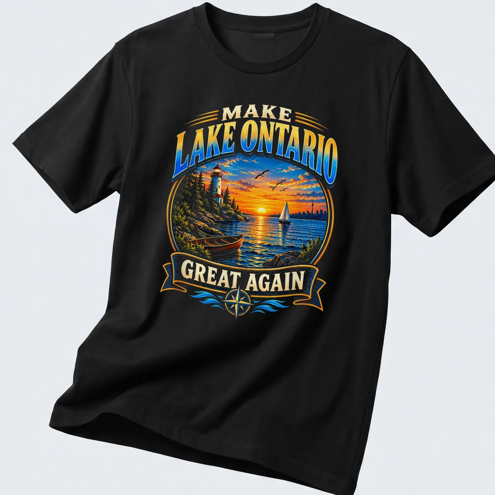 Vibrant landscape of Lake Ontario at sunset with a lighthouse and sailboat. — printed on a unisex t-shirt