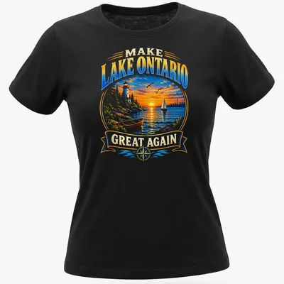 Vibrant landscape of Lake Ontario at sunset with a lighthouse and sailboat. — printed on a women's shirt