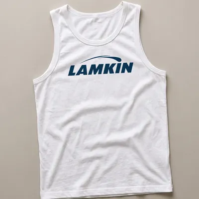 Lamkin logo t-shirt featuring navy blue and white vector design — printed on a tank top