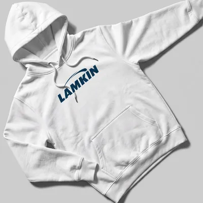 Lamkin logo t-shirt featuring navy blue and white vector design — printed on a unisex hoodie