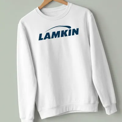 Lamkin logo t-shirt featuring navy blue and white vector design — printed on a unisex sweatshirt