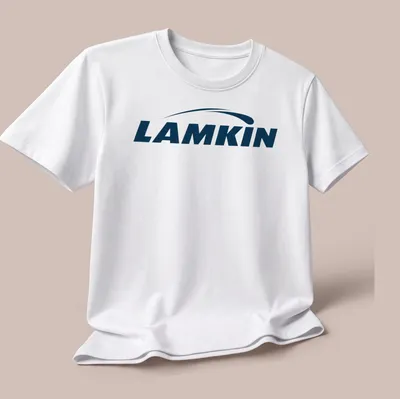 Lamkin logo t-shirt featuring navy blue and white vector design — printed on a unisex t-shirt (angled view)
