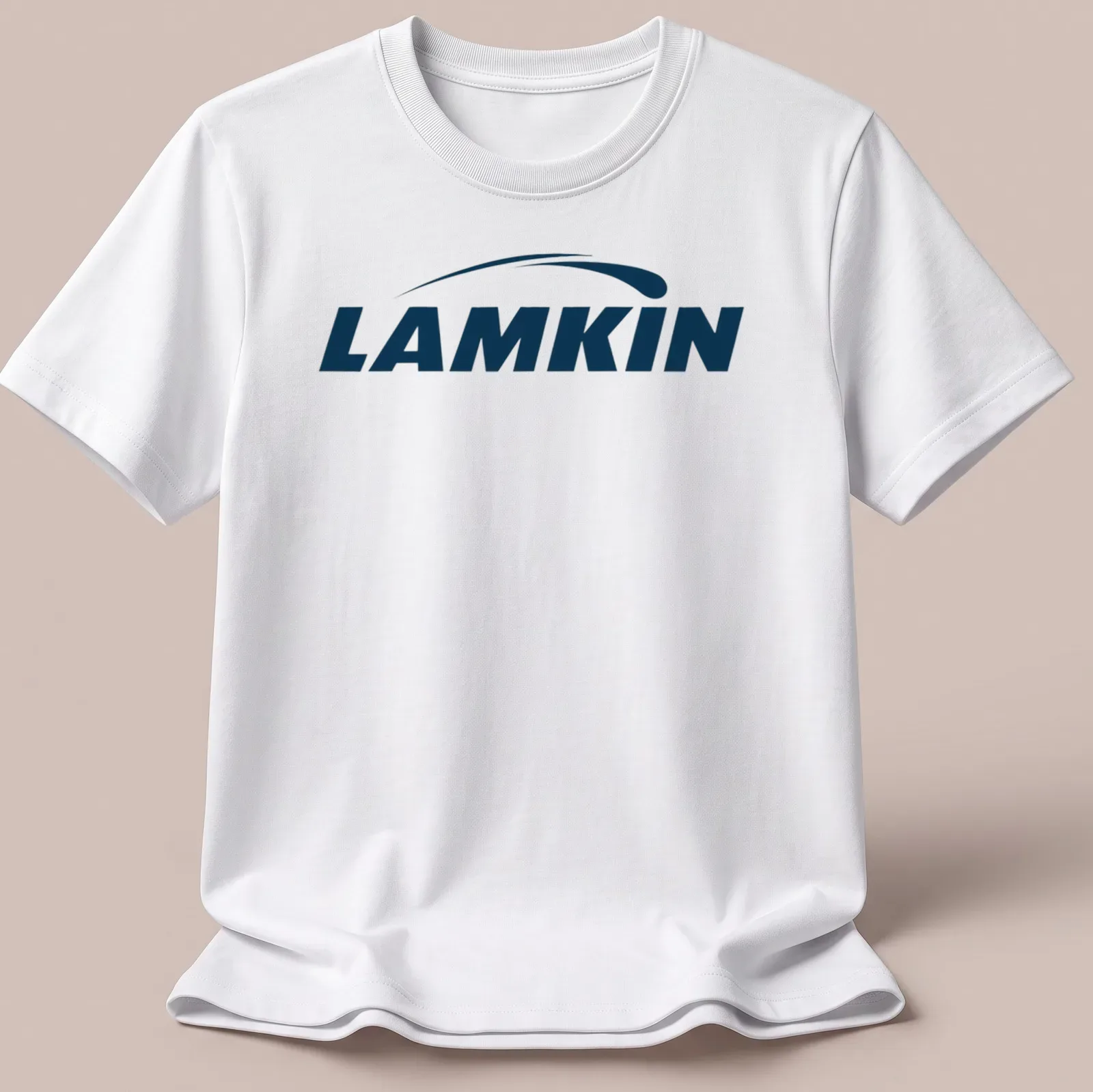 Lamkin logo t-shirt featuring navy blue and white vector design — printed on a unisex t-shirt