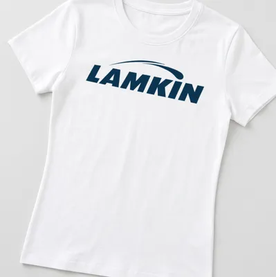 Lamkin logo t-shirt featuring navy blue and white vector design — printed on a women's shirt