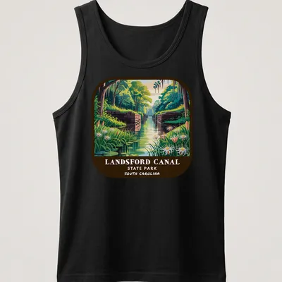 Vibrant illustration of Landsford Canal with text about the park. — printed on a tank top
