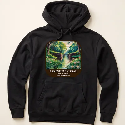 Vibrant illustration of Landsford Canal with text about the park. — printed on a unisex hoodie
