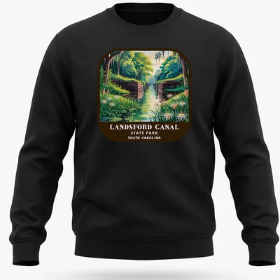 Vibrant illustration of Landsford Canal with text about the park. — printed on a unisex sweatshirt