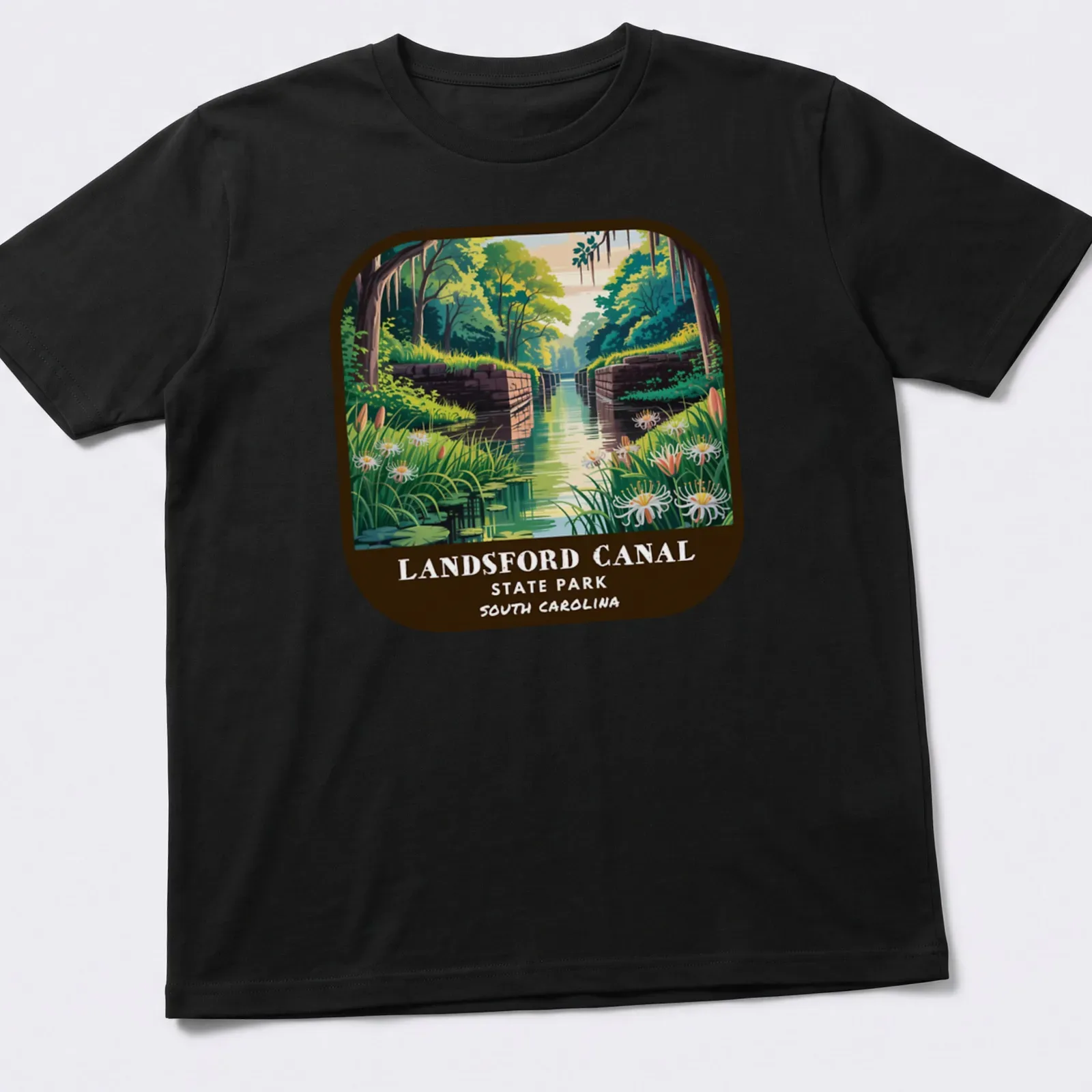 Vibrant illustration of Landsford Canal with text about the park. — printed on a unisex t-shirt
