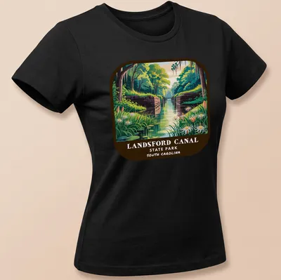 Vibrant illustration of Landsford Canal with text about the park. — printed on a women's shirt