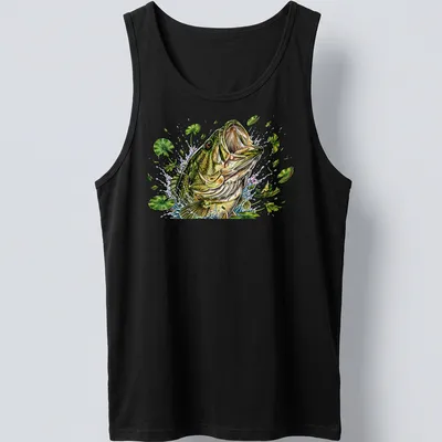 Detailed illustration of a Largemouth Bass jumping through a splash of water — printed on a tank top
