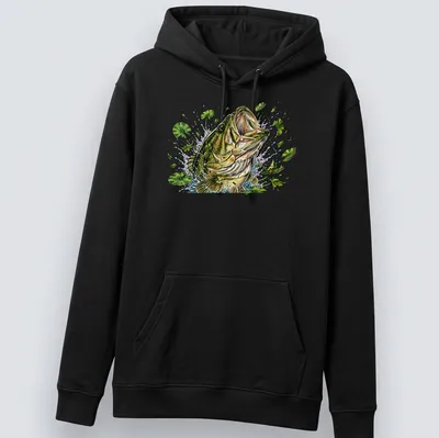Detailed illustration of a Largemouth Bass jumping through a splash of water — printed on a unisex hoodie