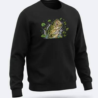 Detailed illustration of a Largemouth Bass jumping through a splash of water — printed on a unisex sweatshirt