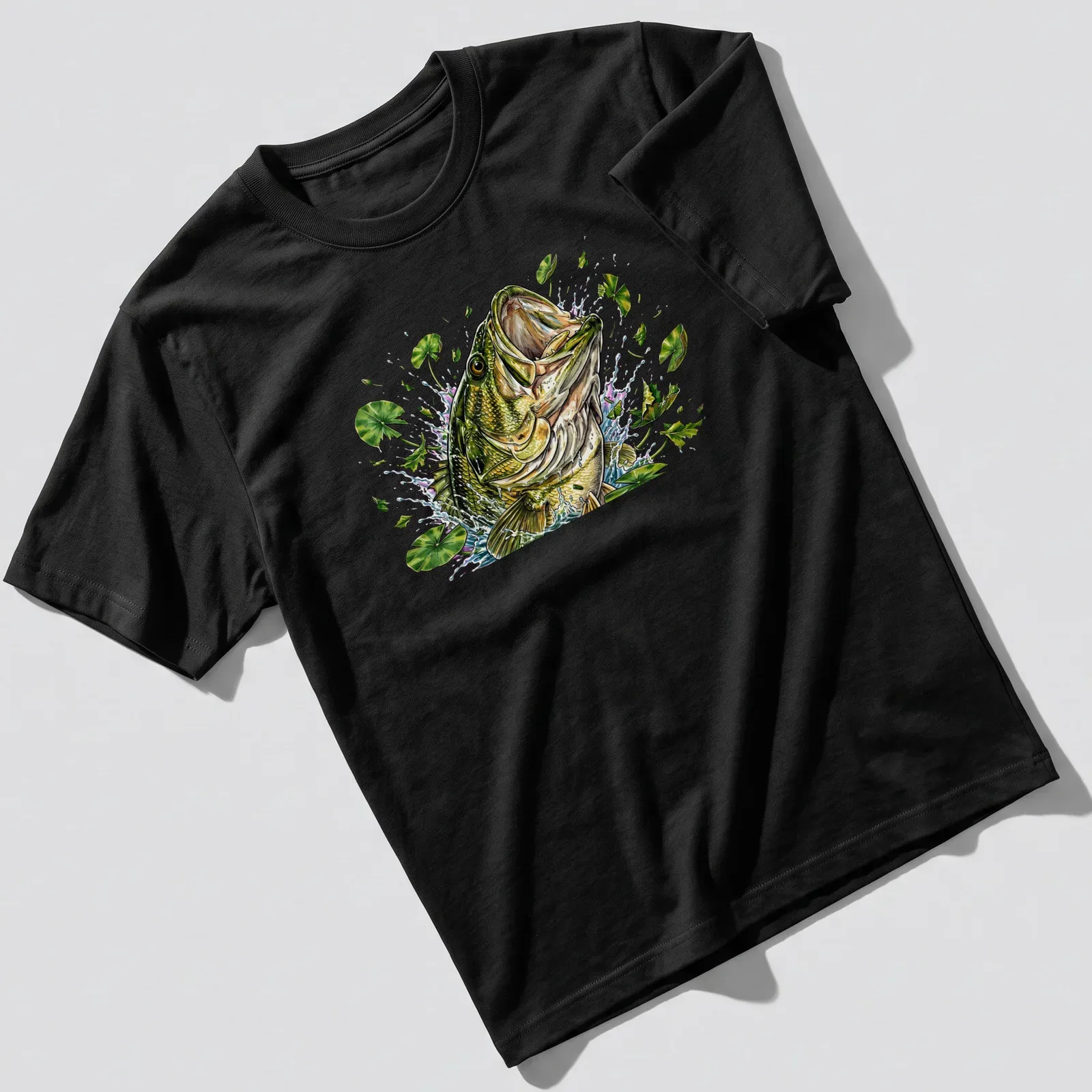 Detailed illustration of a Largemouth Bass jumping through a splash of water — printed on a unisex t-shirt