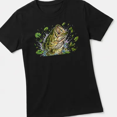 Detailed illustration of a Largemouth Bass jumping through a splash of water — printed on a women's shirt