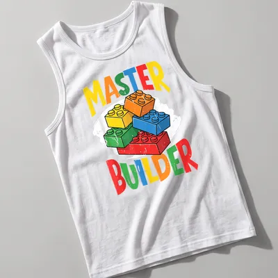 Colorful LEGO Master Builder t-shirt with bold typography in multiple colors. — printed on a tank top