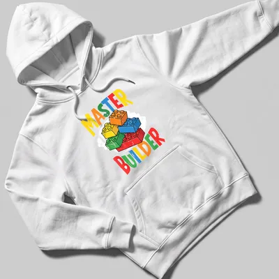 Colorful LEGO Master Builder t-shirt with bold typography in multiple colors. — printed on a unisex hoodie