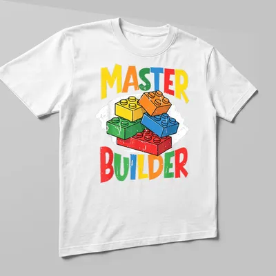 Colorful LEGO Master Builder t-shirt with bold typography in multiple colors. — printed on a unisex t-shirt (angled view)