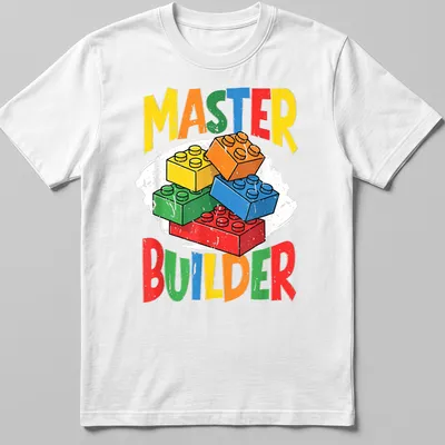 Colorful LEGO Master Builder t-shirt with bold typography in multiple colors.