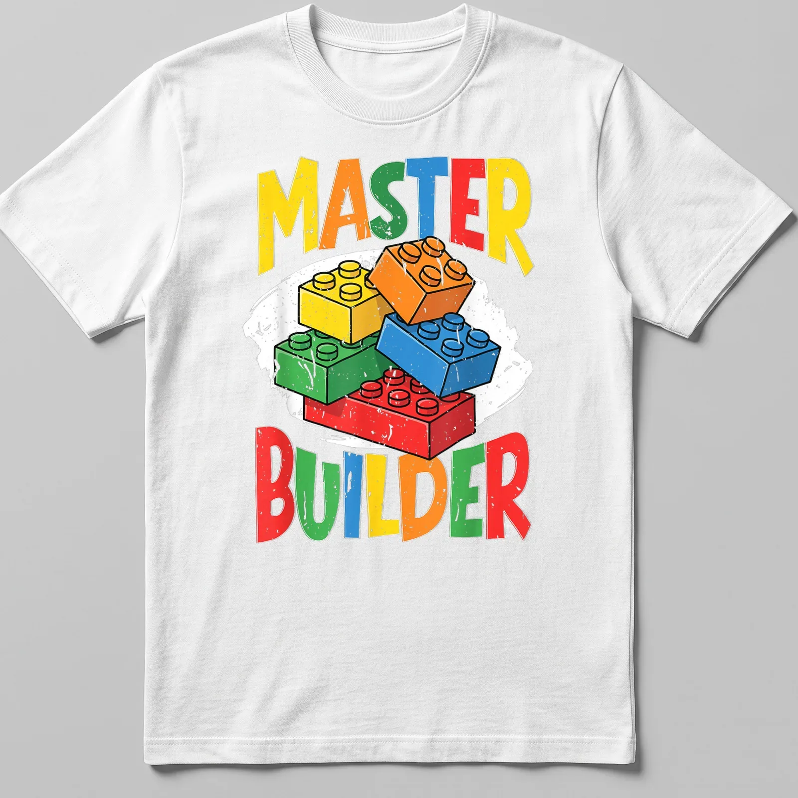 Colorful LEGO Master Builder t-shirt with bold typography in multiple colors. — printed on a unisex t-shirt