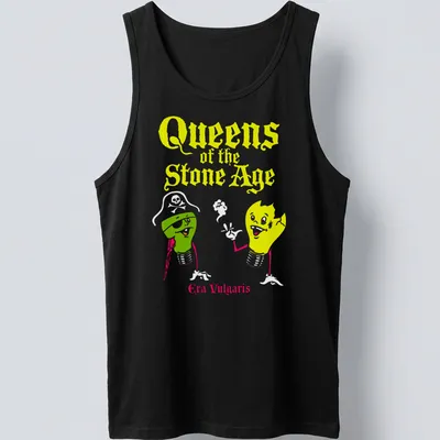 Cartoonish lightbulb design with text 'Queens of the Stone Age Era Vulgaris' in yellow, green, white, and red — printed on a tank top
