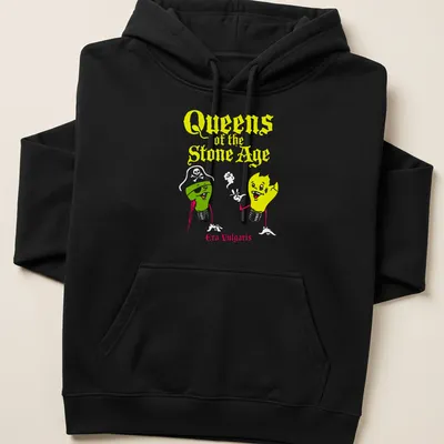Cartoonish lightbulb design with text 'Queens of the Stone Age Era Vulgaris' in yellow, green, white, and red — printed on a unisex hoodie