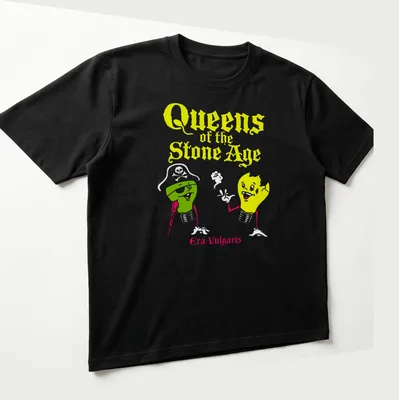 Cartoonish lightbulb design with text 'Queens of the Stone Age Era Vulgaris' in yellow, green, white, and red — printed on a unisex t-shirt (angled view)