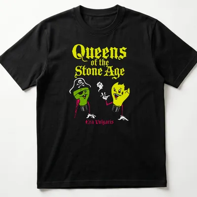Cartoonish lightbulb design with text 'Queens of the Stone Age Era Vulgaris' in yellow, green, white, and red