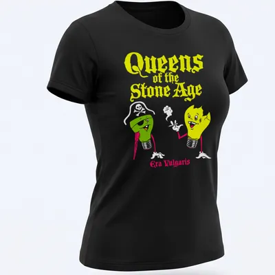 Cartoonish lightbulb design with text 'Queens of the Stone Age Era Vulgaris' in yellow, green, white, and red — printed on a women's shirt