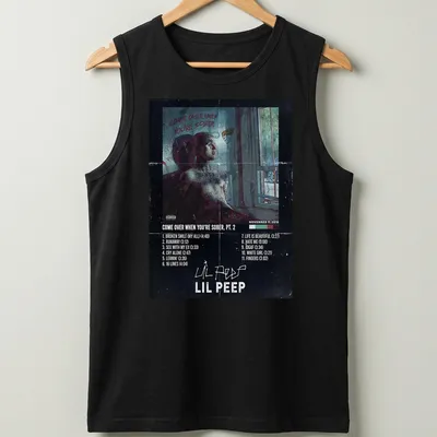 Grunge vintage Lil Peep t-shirt with multicolor text and imagery — printed on a tank top