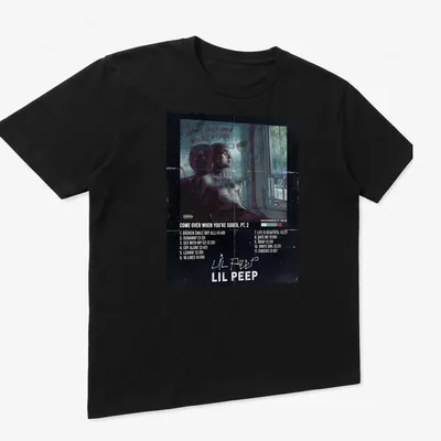 Grunge vintage Lil Peep t-shirt with multicolor text and imagery — printed on a unisex t-shirt (angled view)