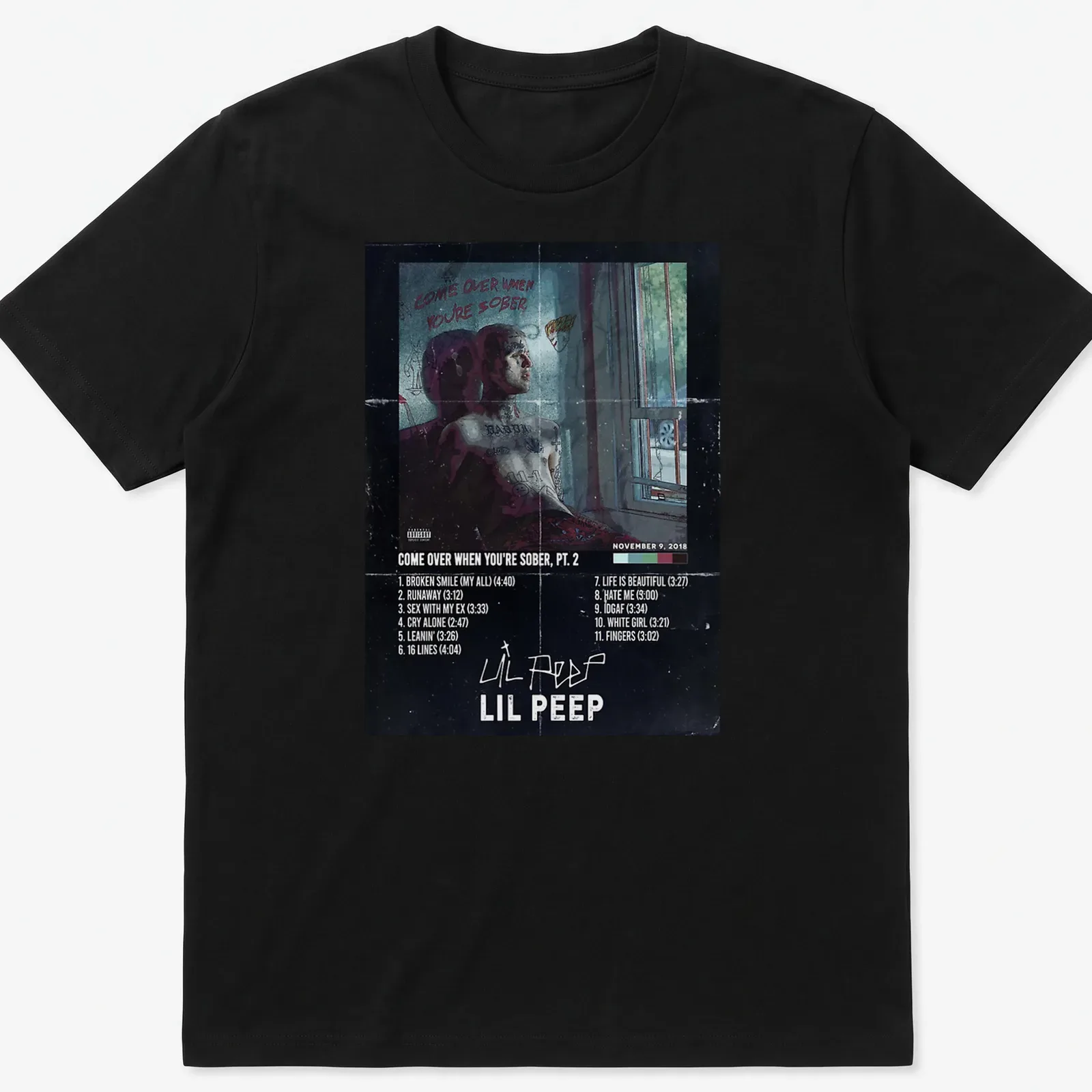 Grunge vintage Lil Peep t-shirt with multicolor text and imagery — printed on a unisex t-shirt