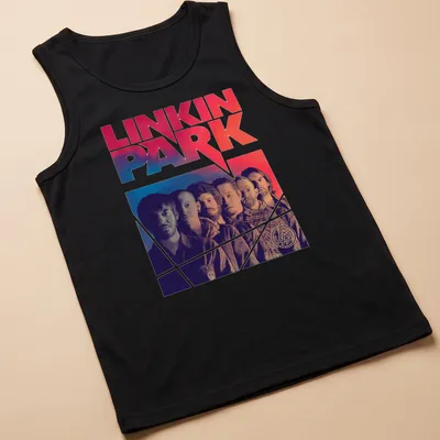 Vintage style Linkin Park band members t-shirt with red, blue, black, and white colors — printed on a tank top