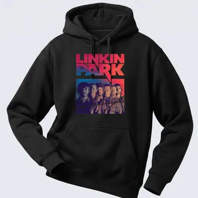 Vintage style Linkin Park band members t-shirt with red, blue, black, and white colors — printed on a unisex hoodie