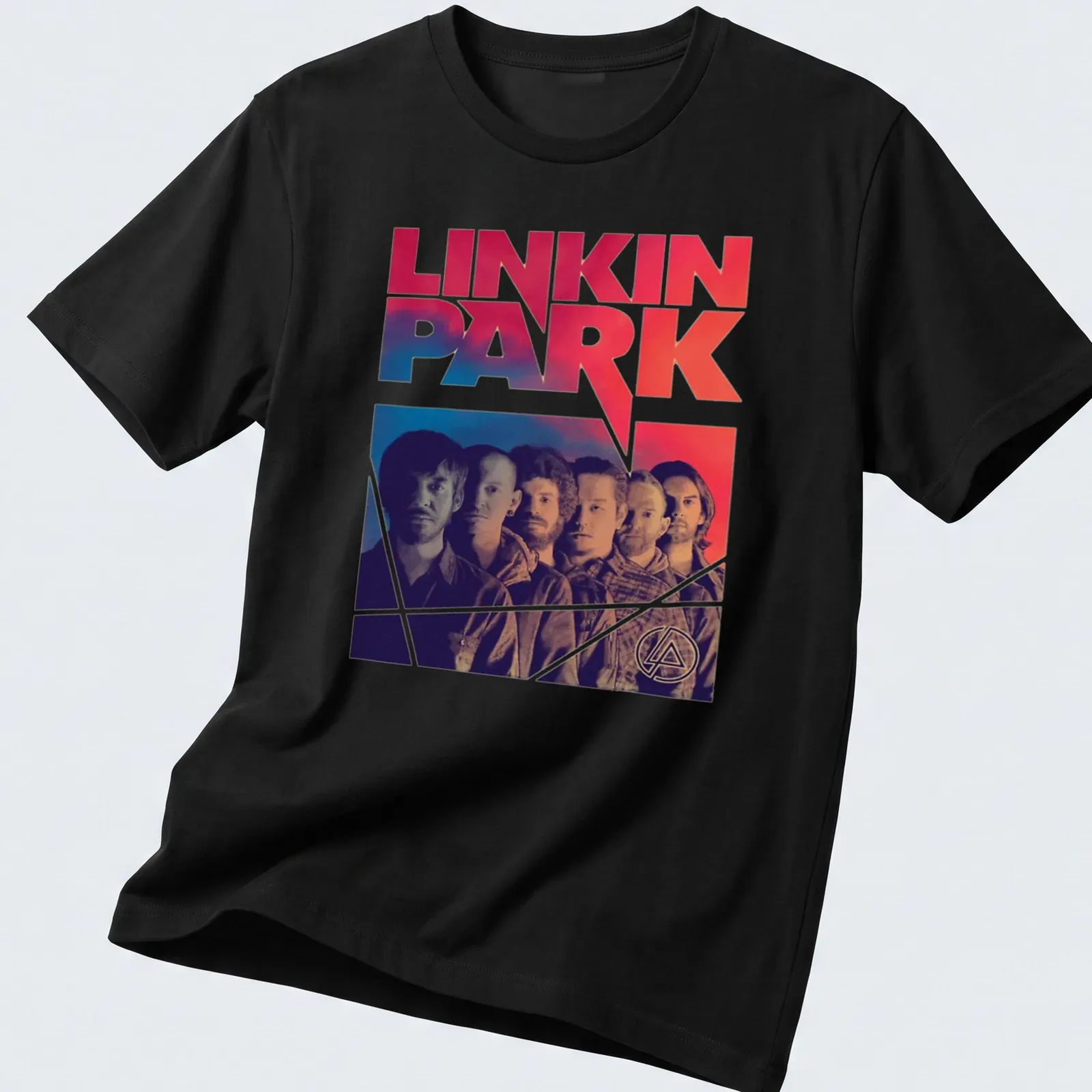 Vintage style Linkin Park band members t-shirt with red, blue, black, and white colors — printed on a unisex t-shirt