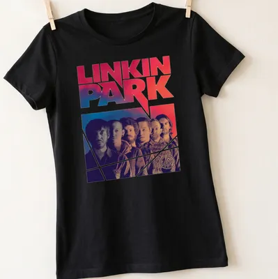 Vintage style Linkin Park band members t-shirt with red, blue, black, and white colors — printed on a women's shirt
