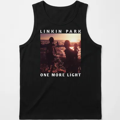 Silhouetted figures in water at sunset with Linkin Park text — printed on a tank top