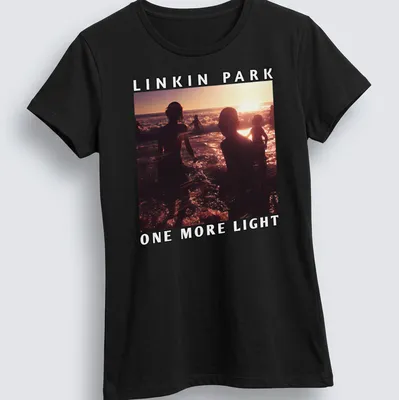 Silhouetted figures in water at sunset with Linkin Park text — printed on a women's shirt