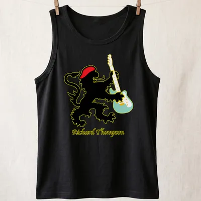Colorful illustration of a lion playing guitar with the name Richard Thompson below — printed on a tank top
