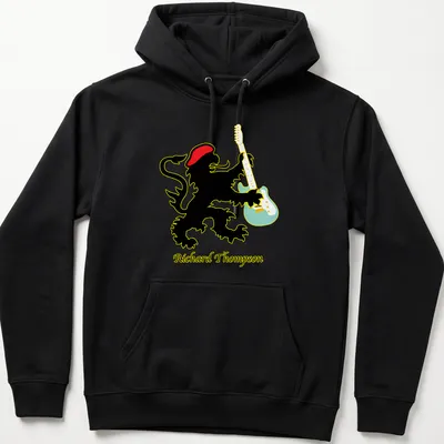 Colorful illustration of a lion playing guitar with the name Richard Thompson below — printed on a unisex hoodie