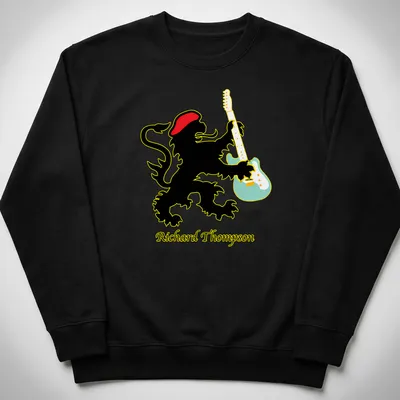 Colorful illustration of a lion playing guitar with the name Richard Thompson below — printed on a unisex sweatshirt