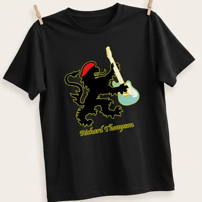 Colorful illustration of a lion playing guitar with the name Richard Thompson below