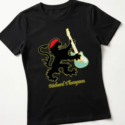 Colorful illustration of a lion playing guitar with the name Richard Thompson below — printed on a women's shirt