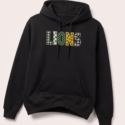Cute paw pattern featuring playful lions with the word LIONS printed — printed on a unisex hoodie